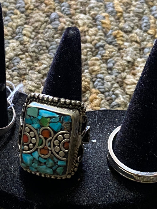 Turquoise and coral Tibet silver tribal ring